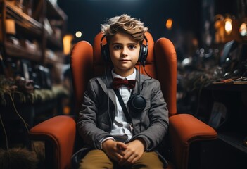 Fototapeta na wymiar Portrait of a boy gamer with headphones in a dark room