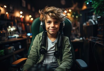 Portrait of a boy gamer with headphones in a dark room