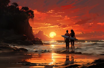 Two adventurous souls embrace the endless horizon as the sun sets on the calm ocean, their silhouettes standing tall against the wind and waves with surfboards in hand