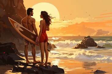 Fototapeta premium As the sun sets over the ocean, a man and woman stand together on a rocky beach, their clothing blowing in the warm breeze as they gaze out at the endless sky and water before them