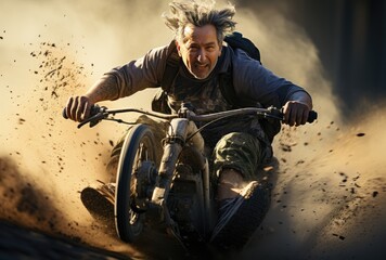 A daring stunt performer confidently rides his motorbike, the wind blowing through his hair as he fearlessly navigates the rugged terrain on two wheels