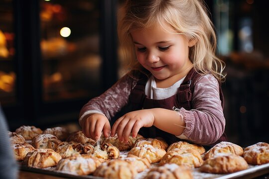 A Young Girl With A Beaming Smile Stands Proudly In A Bakery, Covered In Flour And Dressed In A Cute Apron, As She Carefully Crafts A Delicious Pastry With Her Tiny Hands