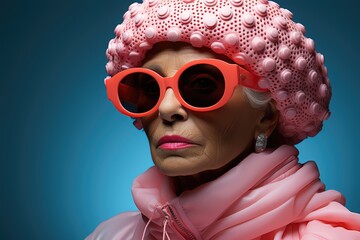 An elderly woman exudes style and confidence as she dons her vibrant pink sunglasses and hat, adding a pop of color to her outdoor ensemble