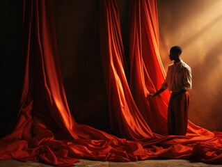 A stylishly dressed man gazes confidently ahead, framed by a vibrant red curtain, in the intimate setting of an indoor space
