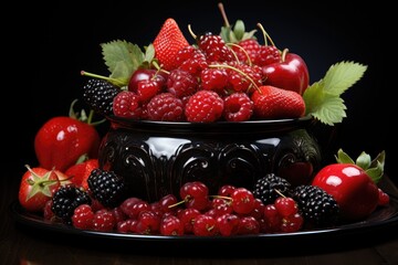 A vibrant and succulent bowl of handpicked berries, bursting with sweetness and natural superfood power, arranged on a plate as an enticing accessory fruit showcase featuring juicy strawberries, seed