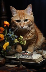 A cozy feline companion admires the delicate blooms of an indoor vase, their vibrant orange fur and curious whiskers adding warmth to the peaceful scene