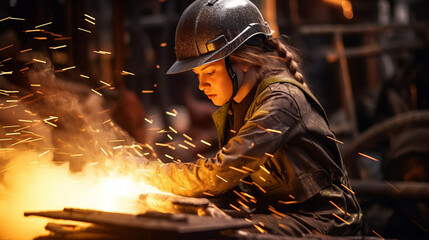 A young steelworker girl in overalls is workin