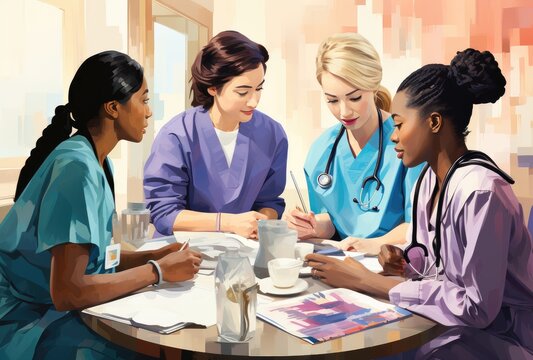 A diverse group of female healthcare workers gather around a table, donning their scrubs and discussing their roles as students, physicians, and medical professionals, with walls adorned with medical