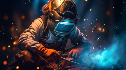 A beautiful young welder woman at work. Gender equality.