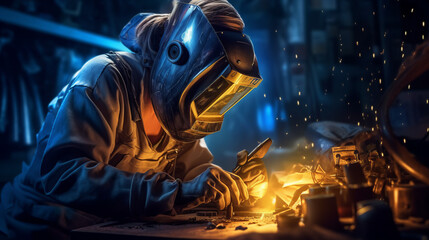 A beautiful young welder woman at work. Gender equality. - obrazy, fototapety, plakaty