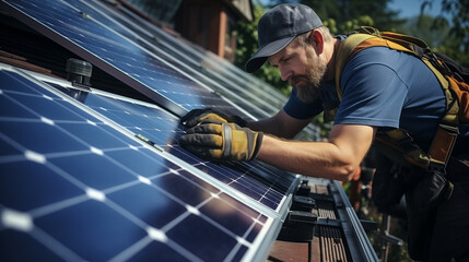 A Professional Installs Solar Panels On A House Roof 
