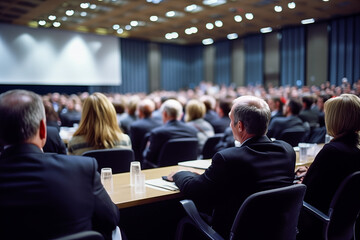 Business conference with a panel of experts engaging in a conversation, while an audience in formal attire listens intently.