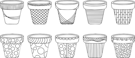 Empty flower pots set, isolated on white background. Vector hand drawn sketch illustration. Plants containers collection