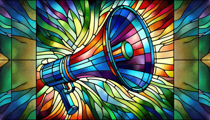 Megaphone on stained glass window background. Ready to make a marketing or advertising announcement - obrazy, fototapety, plakaty
