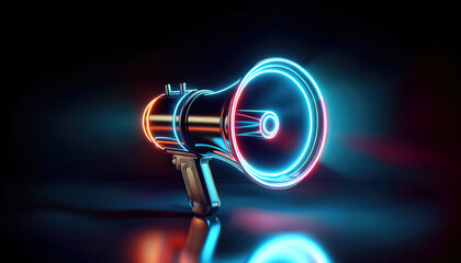 Glowing megaphone with neon lights on dark background. Ready to make a marketing or advertising announcement - obrazy, fototapety, plakaty