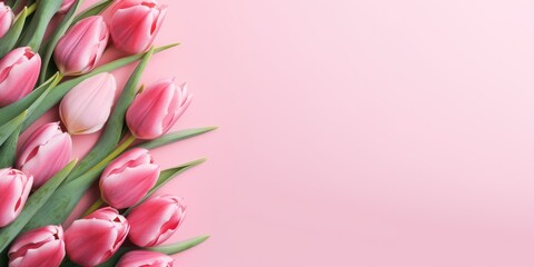 Border made of pink tulips with copy space on pastel pink background - obrazy, fototapety, plakaty