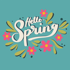 Hello Spring text banner. Handwriting inscription, Hello Spring color square composition. Hand drawn vector art 
