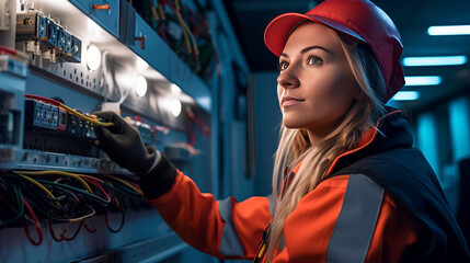 A beautiful young electrician woman at work. Gender equality.