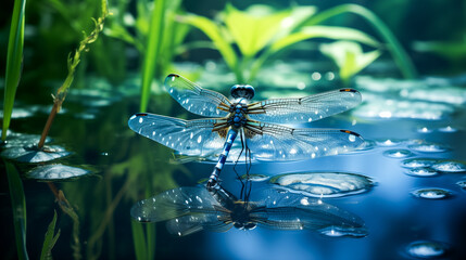 A delicate dragonfly hovering around a mirrored pond, glistening with shimmering hues and light beams. Perfect for graphics and evoking emotion.