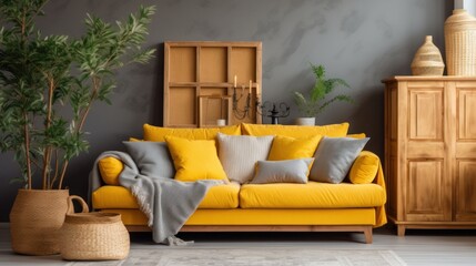 Design yellow sofa,  interior design of living room in gray tones. Comfortable apartment. home decor.
