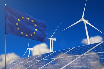 European Union renewable energy, wind and solar energy concept with windmills and solar panels - renewable energy - industrial illustration, 3D illustration