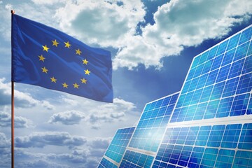 European Union solar energy, alternative energy industrial concept with flag industrial illustration - fight with global climate changing, 3D illustration