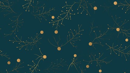 Dark Teal and Gold Christmas Branches on Green Background Pattern

