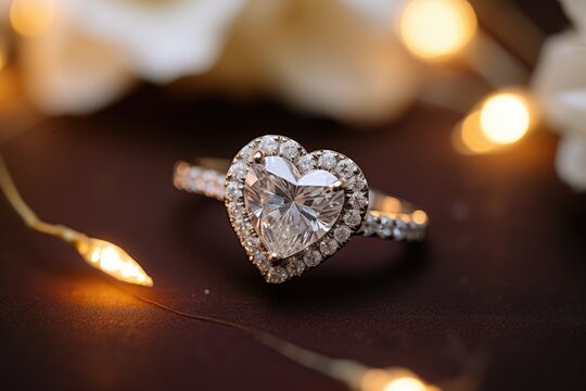 Close up details of golden engagement ring with large dimond