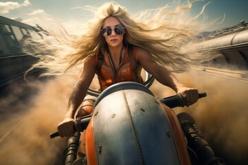 Long hair moto racer. Sport speed. Generate Ai - obrazy, fototapety, plakaty