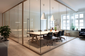 Cabinet or meeting room separated with the glass wall from the other office space