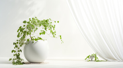 A sleek ceramic base within a harmonious white environment, complimented by the subtle drape of ivy tendrils. - obrazy, fototapety, plakaty