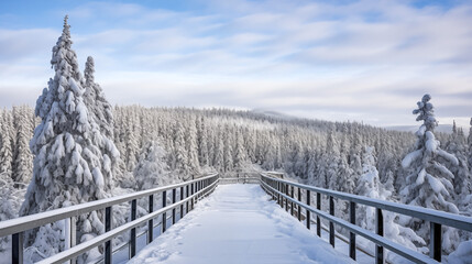 An icy platform with a backdrop of snow-covered mountains and pine trees. Captivate with this scenic winter wonderland.