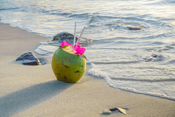 Noix de coco sur une plage de sable blanc en Martinique avec l'île du Diamant en fond.