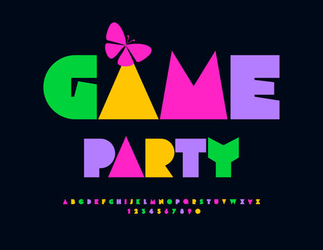 Vector Colorful Logo Game Party with decorative Butterfly. Bright Children Font. Trendy Alphabet Letters, Numbers and Symbols.