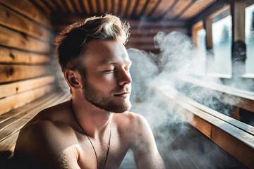 bellissimo uomo nordico in sauna finlandese  - obrazy, fototapety, plakaty