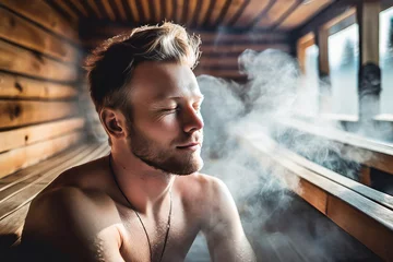 Fotobehang bellissimo uomo nordico in sauna finlandese  © franzdell