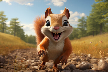 photo realistic Cartoon illustration of happy running squirrel in 3d 