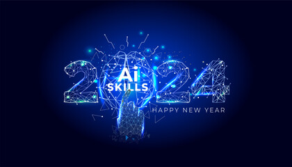 New year 2024 Futuristic technology skills and education development background. Hand Enabling Ai teaching and learning algorithms.