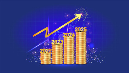 Editable vector design 2024 and 2025 new year business, financial growth and stock market success, data chart, golden coin growth pillar.