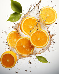Oranges flying in the air, with splashes of water