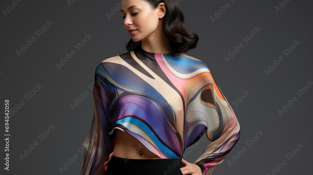 Poster artificial intelligence ai in fashion. ai-inspired clothing with abstract art pattern, ai-generated 