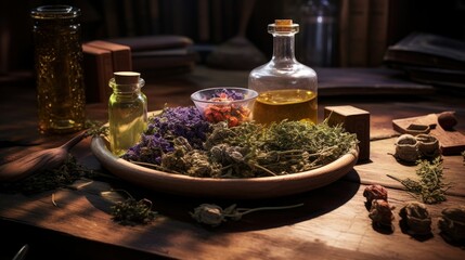 Herbal Apothecary with Natural Ingredients. A traditional apothecary setting with natural dried herbs, flowers, and various bottles, alternative medicine, herbal medicine and holistic healing. - obrazy, fototapety, plakaty