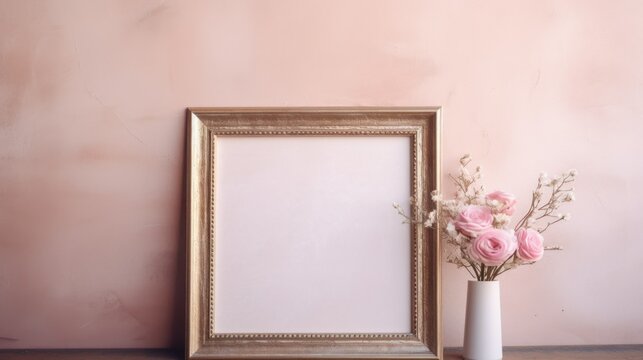 Antique gold picture frame with space for text, accompanied by a vase of delicate pink roses against a soft pastel wall.