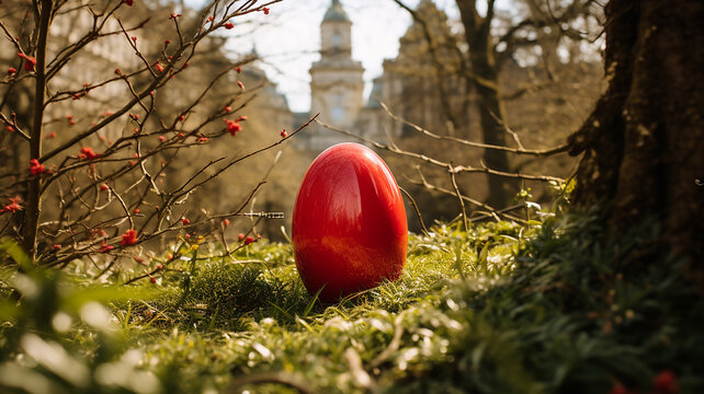 Oeuf de P&acirc;ques rouge cach&eacute; dans un parc