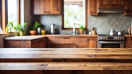 Fototapeta na wymiar Blurred Kitchen Countertop on Empty Wooden Table Background, Wooden Table