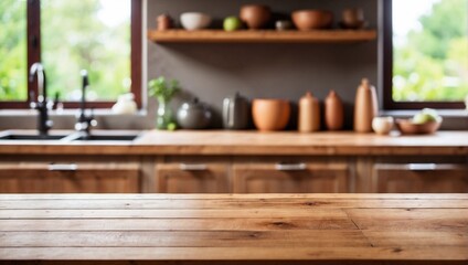 Blurred Kitchen Countertop on Empty Wooden Table Background, Wooden Table