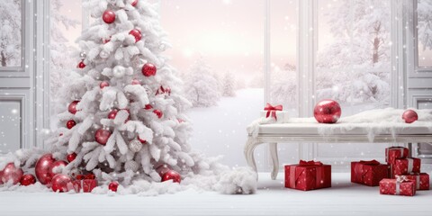 Cozy home decor with Christmas tree, gifts, snow, and accessories. White and red. Template.