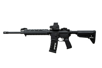 Modern automatic rifle isolated on white background. Weapons for police, special forces and the army. A carbine with red dot sight on a white back