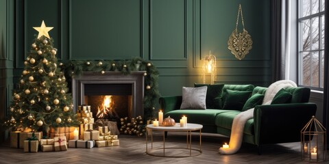 Christmas-themed decorating in the living room with a green velvet pouf. Lovely ornaments including...