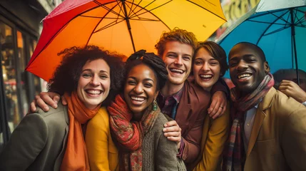Fotobehang A diverse group huddles beneath an umbrella to stay dry during a rainstorm. Perfect for inspiring hope in times of hardship, or illustrating unity. © XaMaps